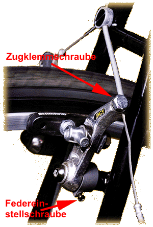 Zugklemmschraube und Federeinstellschraube einer Shimano Cantilever Bremse